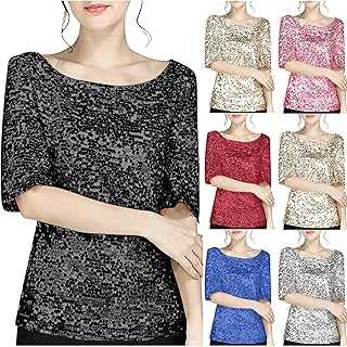 Sequin Top Shimmer Round-Neck Cold Shoulder Short Sleeve Sparkly Tops for Women UK Going Out Tshirt Tunic Ladies Party Tops Spring Festival Womens Blouses Elegant Pullover Plus Size Glitter Tops