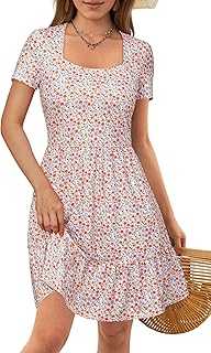 VOTEPRETTY Women's Summer Dress Short Sleeve Square Neck Floral Dress with Pockets Beach Holiday Sundress