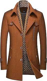 FTIMILD Men's Wool Blend Pea Coat with Detachable Scarfs Notched Collar Single Breasted