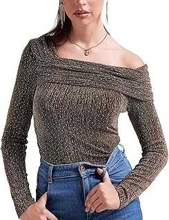 MISS MOLY Women's Sequin Top Long Sleeve One Shoulder Shimmer Glitter Sparkly Blouse for Cocktail Party Evening Shirts