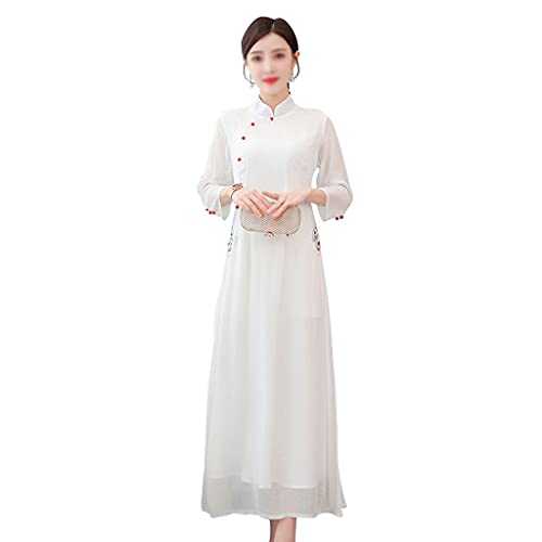 SLATIOM New Female Summer Dress Chinese Style Hanfu Improved Version Cheongsam Dress (Color : White, Size : XL code)