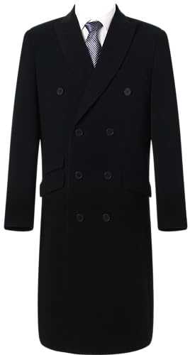 The Platinum Tailor Mens Double Breasted Black Cashmere & Wool Overcoat Winter Cromby With Velvet Collar & Silver Lining