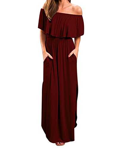 KIDSFORM Women Maxi Dress Short Sleeve Off Shoulders Ruffles Side Split Long Dress with Pockets Wine Red Size 2XL/UK 18