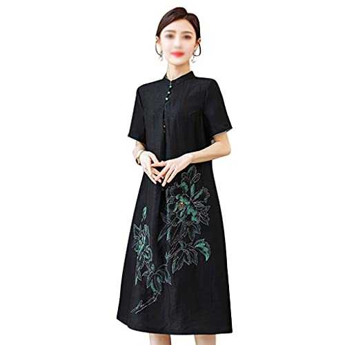 SLATIOM New Female Summer High-end Fragrant Cloud Yarn Silk Improved Version Cheongsam Dress (Color : Black, Size : 4XL code)