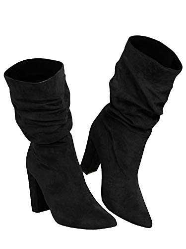 Syktkmx Womens Winter Slouchy High Heel Boots Mid Calf Suede Slip on Chunky Block Pointed Toe Boots