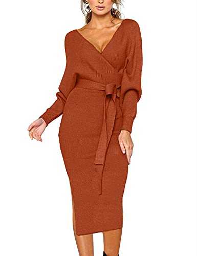 CHERFLY Women's V Neck Sweater Dresses Batwing Long Sleeve Backless Bodycon Dress with Belt