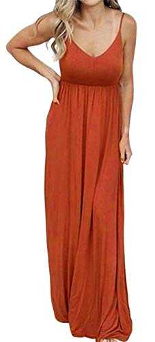 Artfish Women Summer Sleeveless V-Neck Maxi Dress Casual Adjustable Spaghetti Strap Pockets Dress(Orange,L)