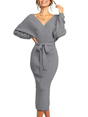 Chang Yun Women's Long Maxi Sweater Dresses Sexy Wrap Batwing V Neck Slit Open Back Holiday Bodycon Dress with Belt