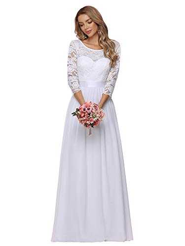 Ever-Pretty Women's Round Neck 3/4 Sleeves A Line Empire Waist Lace Elegant Maxi Evening Party Dresses White 14UK