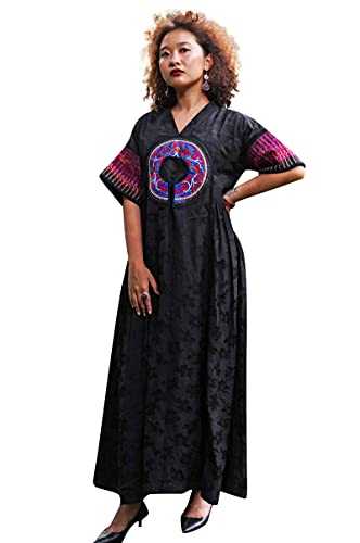Handmade Tribal Boho Maxi Dress with Pockets for Women Made from Premium Cotton Linen Blend in Black Bedecked with Antique Embroidery One Piece Only 112