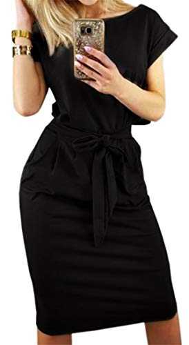 Smile Fish Women's Striped Elegant Short Sleeve Midi Dresses Pockets Casual Pencil Dress with Belt (L, Black3)