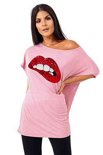 janisramone Womens Ladies New Slogan Printed Off Shoulder Batwing Sleeve Baggy Oversized Lagenlook T-Shirt Top