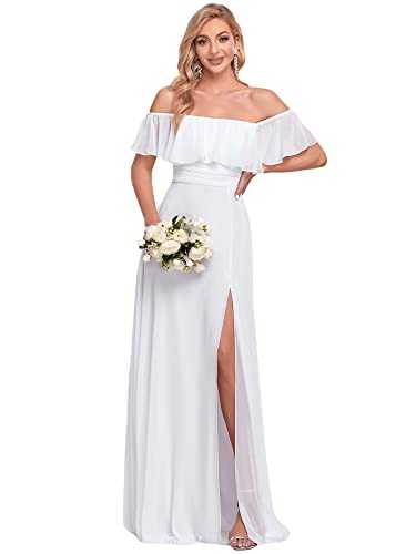 Ever-Pretty Women's Off The Shoulder Elegant Empire Waist A-Line Chiffon Long Ball Evening Dresses with Thigh High Slit White 22UK