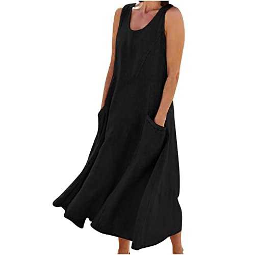 AMhomely Fancy Dress for Women UK Party Elegant Casual Solid Color Sleeveless Cotton Linen Long Dress Ladies Trendy Tunic Dresses Activewear Dresses for Vacation Cocktail Formal Work Wedding