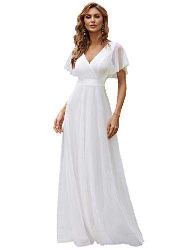 Ever-Pretty Women's V Neck Short Sleeve Empire Waist Tulle A Line Long Elegant Wedding Dresses White 24UK