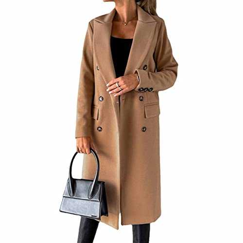 Long-sleeved wool coat with double-breasted buttons,Women's Double Breasted Long Trench Coat Windproof Classic Lapel Slim Overcoat
