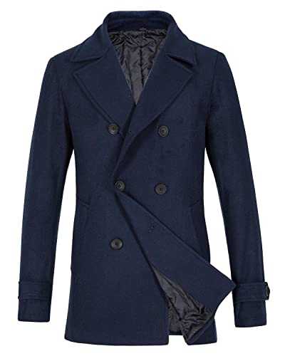 Lisskolo Men's Wool Blend Double Breasted Pea Coat Classic Notched Collar Warm Woolen Coats Winter Outwear Jackets