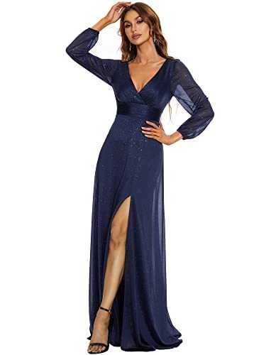 Ever-Pretty Women's Elegant Long Sleeve V Neck Floor Length Empire Waist A Line Tigh High Slit Ball Evening Gowns Dresses Navy Blue 22UK