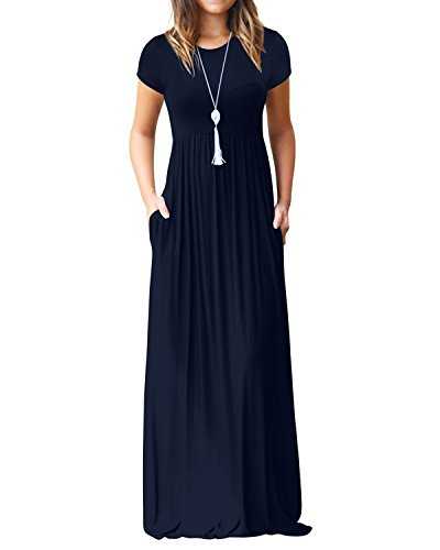 Kidsform Women's Casual Short Sleeve Maxi Dress Loose Long Dresses with Pockets, A-navy, XXL