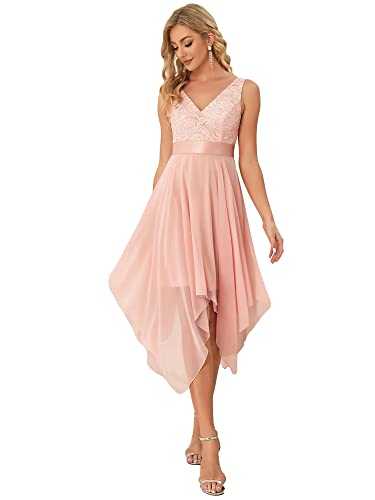 Ever-Pretty Women's Sleeveless V Neck Empire Waist A Line Lace Chiffon Knee Length Prom Evening Dresses with Asymmetry Hem 00207