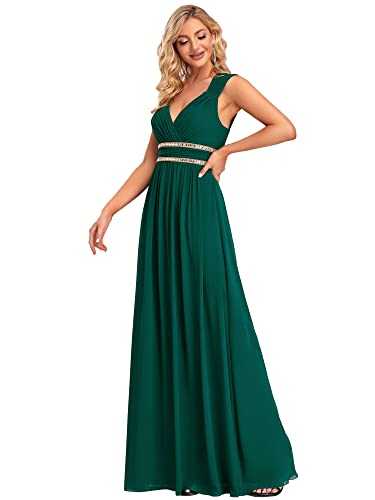 Ever-Pretty Women's Elegant V Neck Empire Waist Long Chiffon Floor Length Prom Dresses Dark Green 24UK