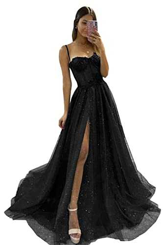 Wchecalino Glitter Tulle Prom Dresses Long 2023 Spaghetti Straps Sweetheart 3D Flowers Evening Party Gowns with Slit