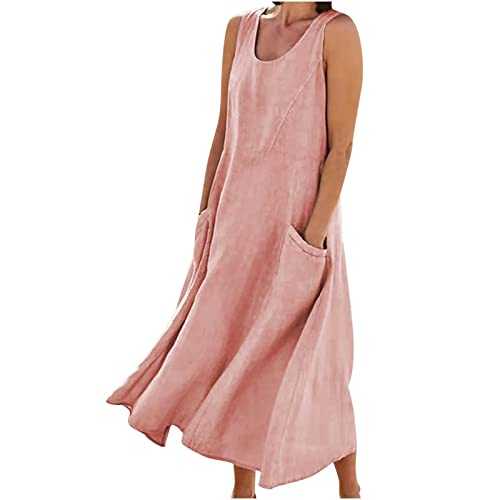 AMhomely Women Elegant Casual Dress Sale Solid Color Sleeveless Cotton Linen Long Dress Boho Dress Cocktail Holiday Beach Long Dress for Ladies UK Size