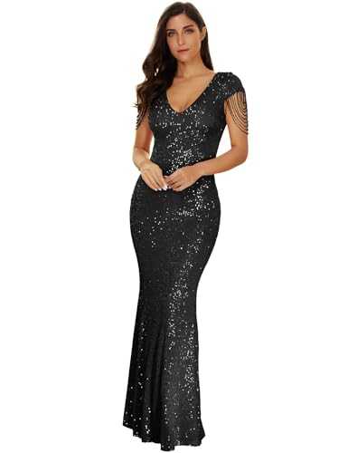 Women's V Neck Sequins Mermaid Gown Long Prom Evening Party Dress