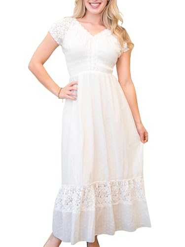 Anna-Kaci Renaissance Peasant Maiden Boho Inspired Cap Sleeve Lace Trim Dress, Cream, Medium