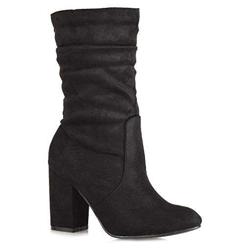 ESSEX GLAM Womens Mid Calf High Heel Boots Ladies Pull On Winter Faux Suede Rouched Shoes