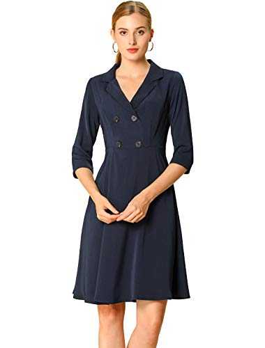 Allegra K Women's Work Office Half Sleeve Turn Down Collar Double Breasted A-Line Dress XS Navy Blue