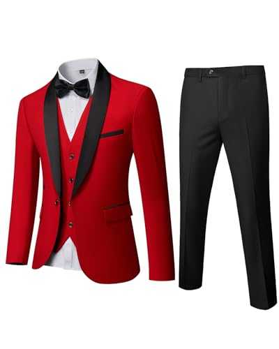 MrSure Men’s 3 Piece Slim Fit Suit, One Button Shawl Lapel Tuxedo, Premium Dinner Jacket Vest Pants & Tie Set