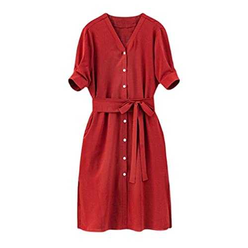 SLATIOM Chiffon Shirt Dress Women's 2021 Summer New Corseted Waist and Thin Temperament French Five-point Sleeve Split Mid-length Skirt (Color : Red, Size : XL code)