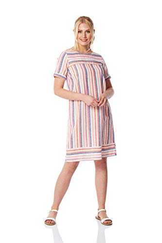 Roman Originals Women Stripe Print Linen Dress - Ladies Spring Summer Casual Day Cruise Holiday Everyday Beach Bar Pool Contrast Striped 48% Cotton Shift Tunic Dresses - Multi Coloured - Size 12