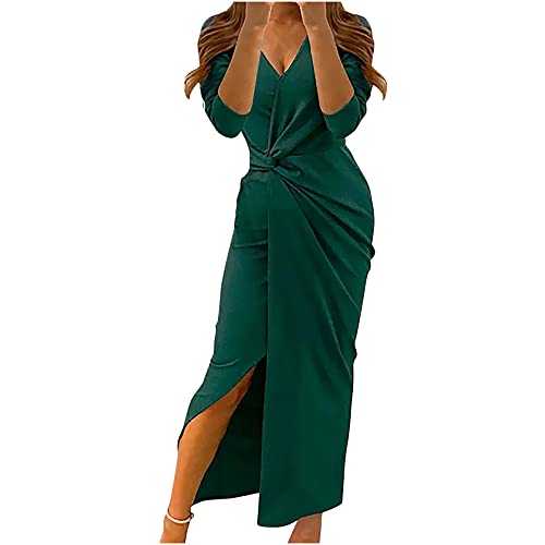 AMhomely Women Dresses Elegant Sexy Casual V-Neck Long Sleeve Solid Color High Split Sheath Ankle-Length Dress Plus Size Dress Party Dress Vintage Dress, Black, XL