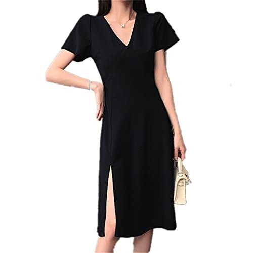 SLATIOM Plus Size Women's 2021 New V-neck Split Black Dress for Age Reduction Slimming Dress Summer (Color : Black, Size : 4XL code)