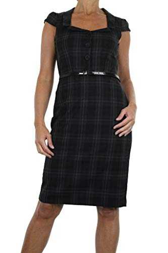 Womens Formal Pencil Business Dress Ladies Vintage Office Work Occasion Slim Fit Tartan Knee Length Lined Belted Short Sleeve Bodycon Dress Black Green Size 10