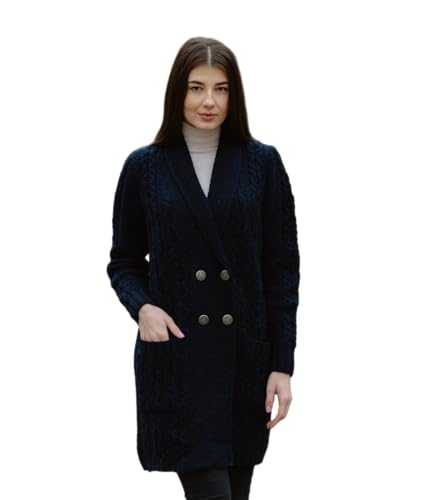 SAOL 100% Merino Wool Ladies Double Breasted Shawl Collar Coat, in Grey/Navy
