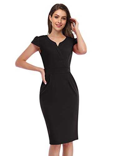 KOJOOIN Women's Work Dress V-Neck Business Slim Bodycon Workwear Pencil Dress Black M