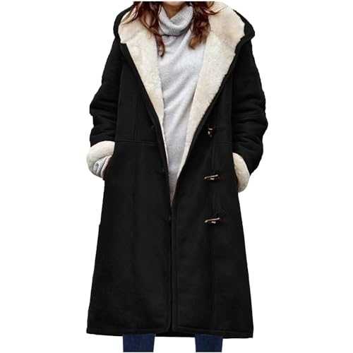 Womens Vintages Faux Coat Jacket Winter Fleece Lined Warm Horn Buttons Cardigan Padded Hooded Jacket Overcoat Thick Hoodie Outwear Casual Solid Color Windproof Coats with Pockets