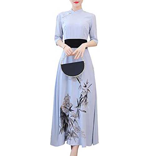 SLATIOM Summer Women's Chinese Ethnic Style Hanfu Young Style Improved Cheongsam Dress Mid-length (Color : Blue, Size : XL code)