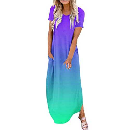 AMhomely Summer Dresses for Women UK Clearance Maxi Dresses Summer Casual Cross Rounk Neck Short Sleeve Slit Vacation Beach Long Dress Ladies Maxi Dresses Plus Size Petite Sexy Dress UK Size