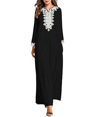 VONDA Maxi Dress Women's Casual Kaftans Dresses Casual Long Sleeve Retro Loose V Neck Gowns Black L