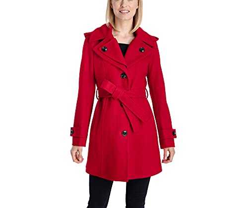 LONDON FOG Women's Double Lapel Thigh Length Button Frontwool Coat with Belt Wool