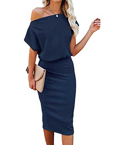 EZBELLE Women's Wedding Guest Dresses One Off Shoulder Short Sleeve Ribbed Wrap Bodycon Pencil Party Casual Dress