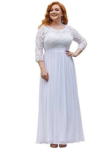 Ever-Pretty Women's A Line 3/4 Sleeves Round Neck Lace Floor Length Elegant Plus Size Formal Dresses White 26UK