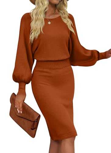 MIROL Women's Casual 2023 Long Puff Sleeve Solid Bodycon Midi Dress Ribbed Knit Oversized Pullover Sweater Dress