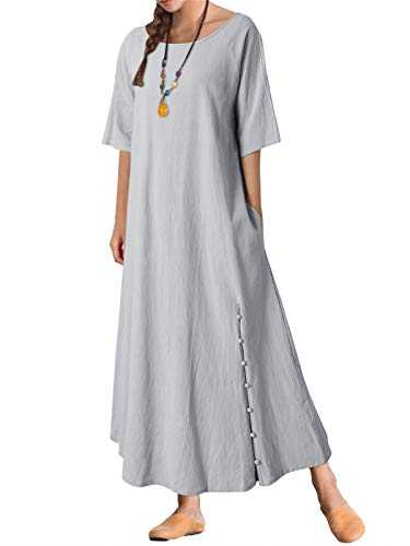 KIDSFORM Women's Cotton Maxi Dress Summer Long Gown Kaftans Short Sleeve Vintage Loose Casual Plain Dresses with Pockets Grey XL