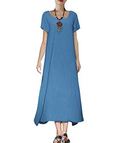 VONDA Women Maxi Dress Short Sleeve Cotton Casual Dresses Vintage Long Gown Kaftans with Pockets Blue 2XL