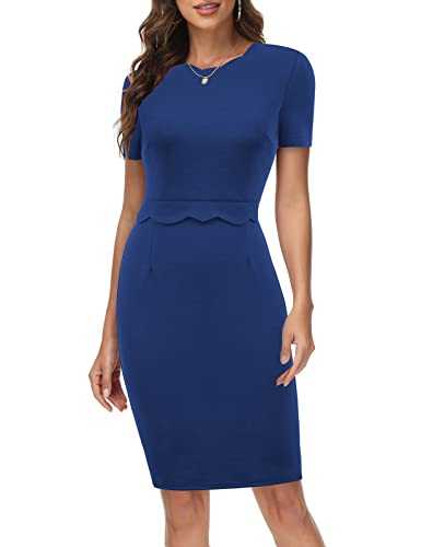 GRACE KARIN Women's Short Sleeve Scalloped Neckline Wear to Work Pencil Dress - Blue - XX-Large